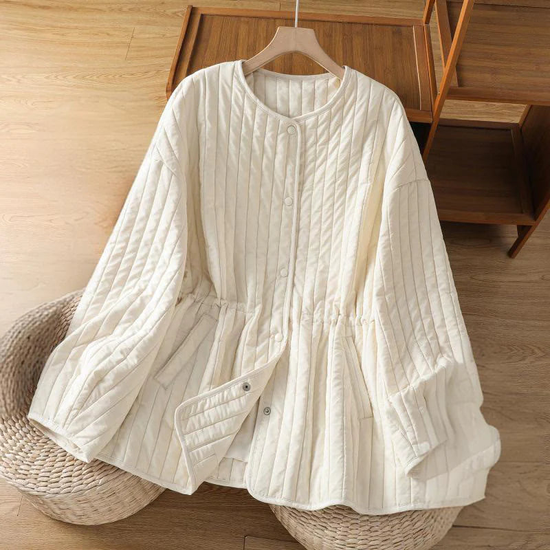 Buddha Stones Women's Plain Crew Neck Drawstring Design Long Sleeve Cotton Jacket With Pocket