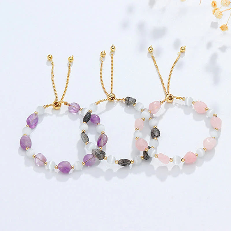 Buddha Stones Amethyst Pink Crystal Black Rutilated Quartz Spiritual Awareness Bracelet