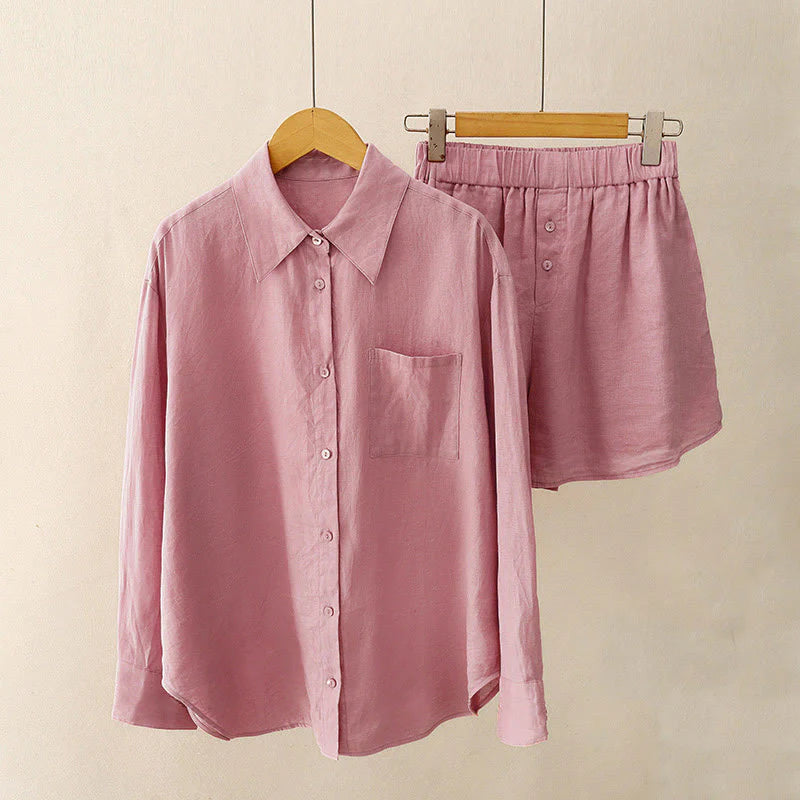 Buddha Stones Summer 2pcs Plain Long Sleeve Shirt Top Cardigan Shorts Meditation Clothing Women's Set With Pockets