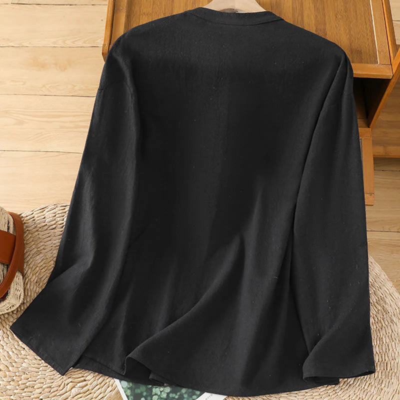 Buddha Stones Summer Casual Pure Color Half Button Simple Design Women's Cotton Linen Half Sleeve Shirt With Pocket