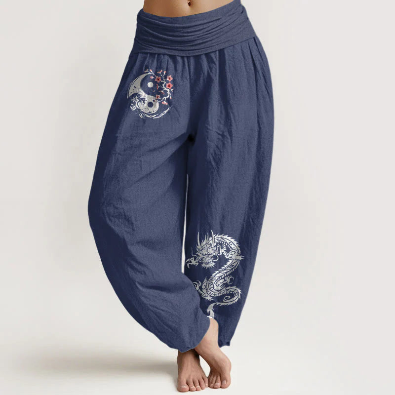 Buddha Stones Dragon Yin Yang Waves Flower Pattern Pure Cotton Women's Elastic Waist Harem Pants