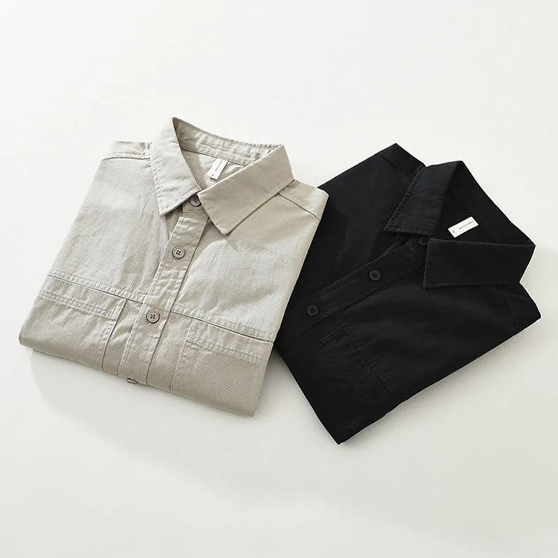 Buddha Stones Daily Plain Buttons Design Men's Long Sleeve Pure Cotton Shirt With Pockets