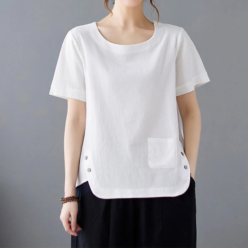 Buddha Stones Side Slit Design Women's Cotton Linen Crew Neck Short Sleeve T-Shirt Wtih Pocket