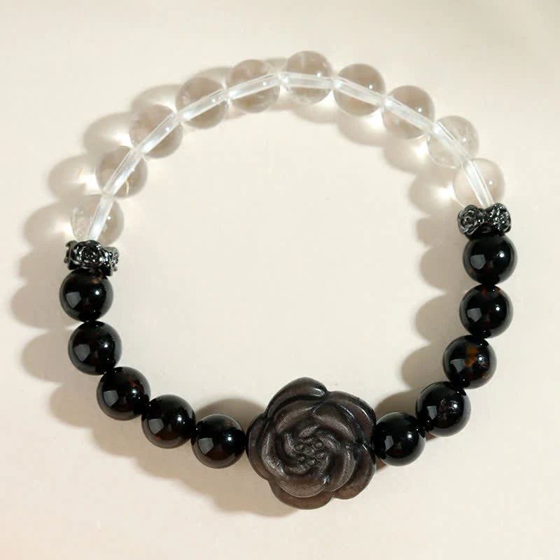 Buddha Stones Black Tourmaline Clear Quartz Carved Rose Flower Design Focus Bracelet