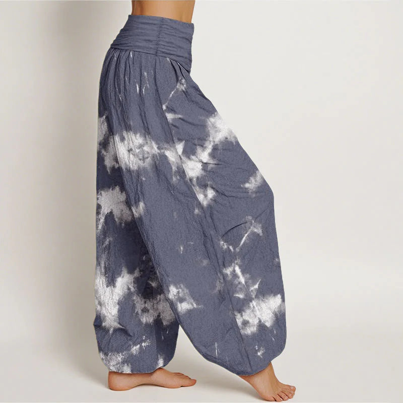 Buddha Stones Pure Cotton White Lines Spots Tie-Dye Pattern Women's Elastic Waist Harem Pants