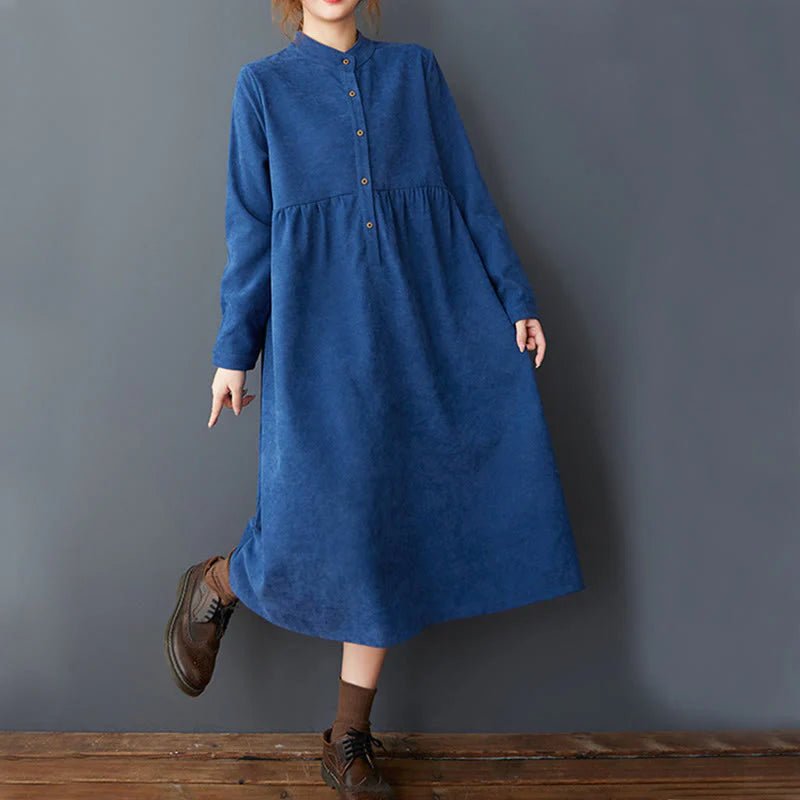 Buddha Stones Plain Buttons Design Thermal Cotton Linen Long Sleeve Midi Dress With Pockets
