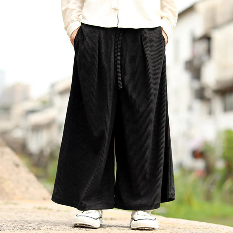 Buddha Stones Fall Solid Color Drawstring Design Men's Corduroy Wide Leg Pants With Pockets
