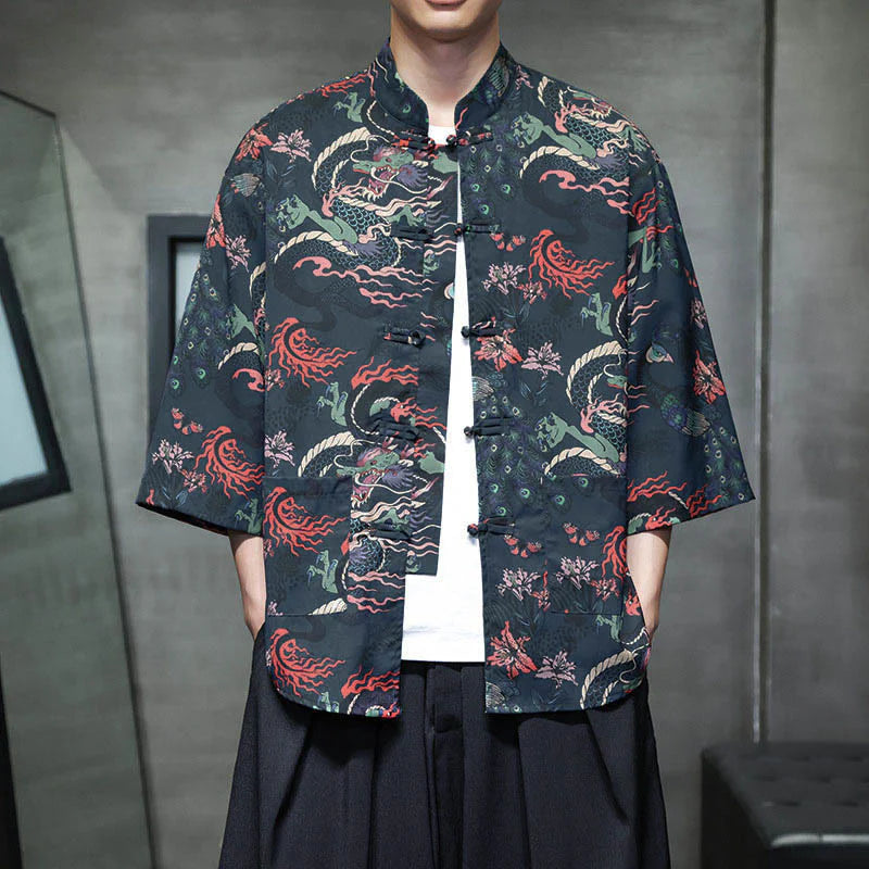 Buddha Stones Spring Frog-Button Dragon Mountain Flower Three Quarter Sleeve Tang Suit Men's Shirt With Pockets