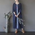 Buddha Stones Blue Flowers Embroidery Jacquard Midi Dress Three Quarter Sleeve Cotton Dress With Pockets