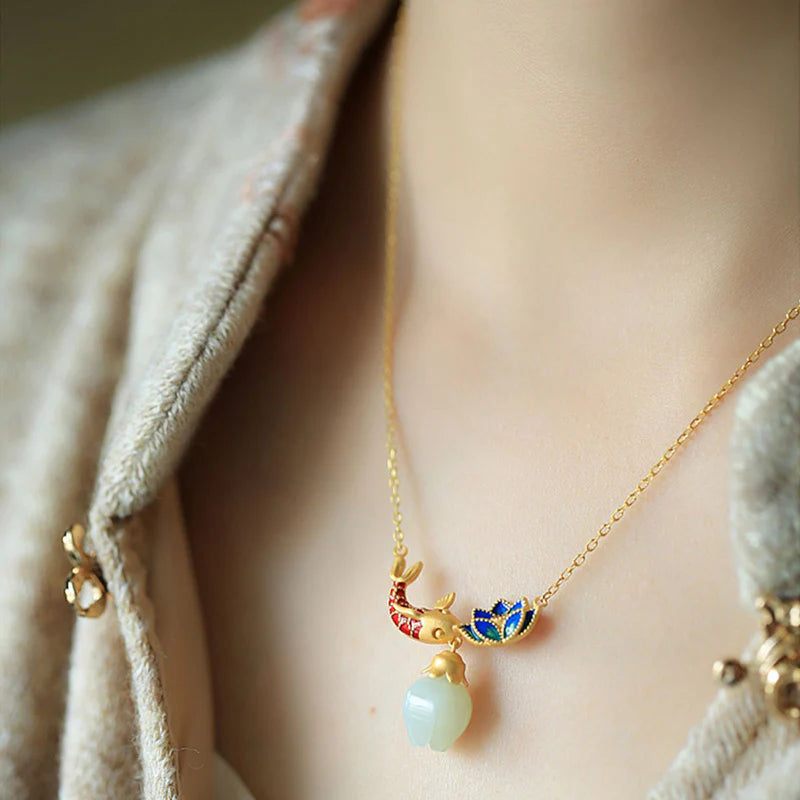 Buddha Stones White Jade Koi Fish Lotus Copper Protection Necklace Pendant