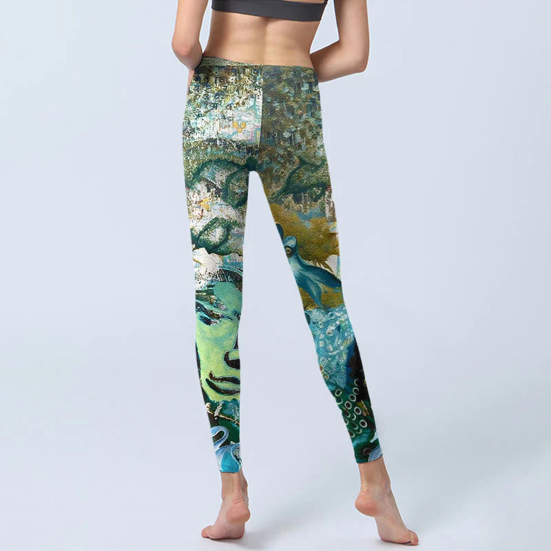 Buddha Stones Om Symbol Human Figure Peacock Lotus Pattern Print Gym Leggings Women's Yoga Pants