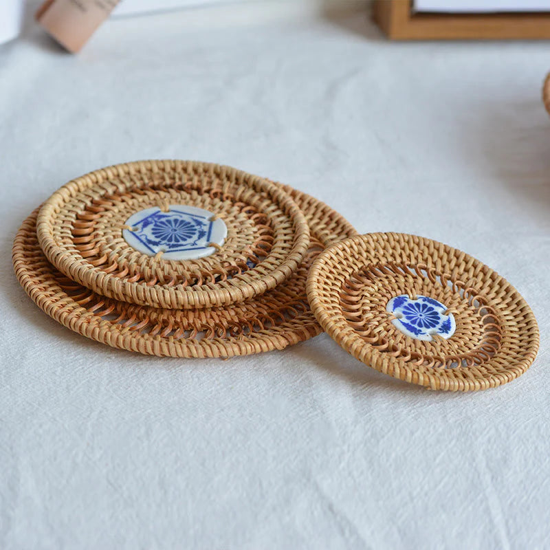 Ceramic Flower Pattern Rattan Cup Mat Tea Cup Coaster