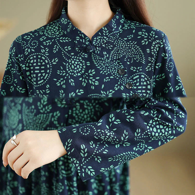 Buddha Stones Printed Floral Long Sleeve Stand Collar Cotton Maxi Dress With Pockets