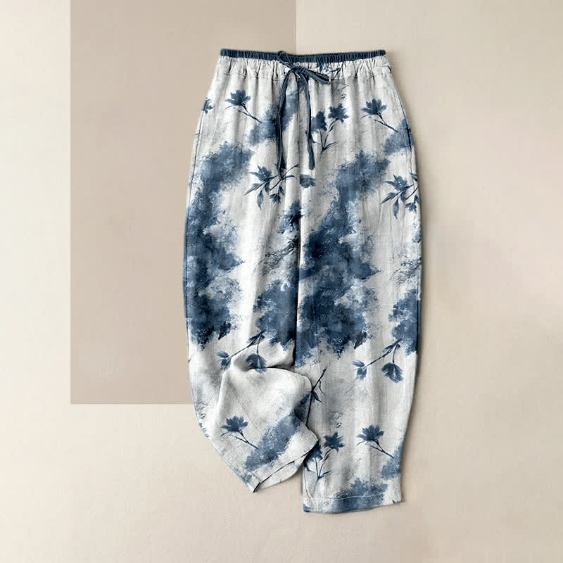 Buddha Stones Ink Wash Painting Floral Elastic Drawstring Women's Pure Cotton Pants With Pockets