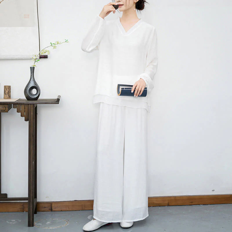 Buddha Stones 2Pcs White Long Sleeve V-Neck Shirt Wide Leg Pants Meditation Women's Set