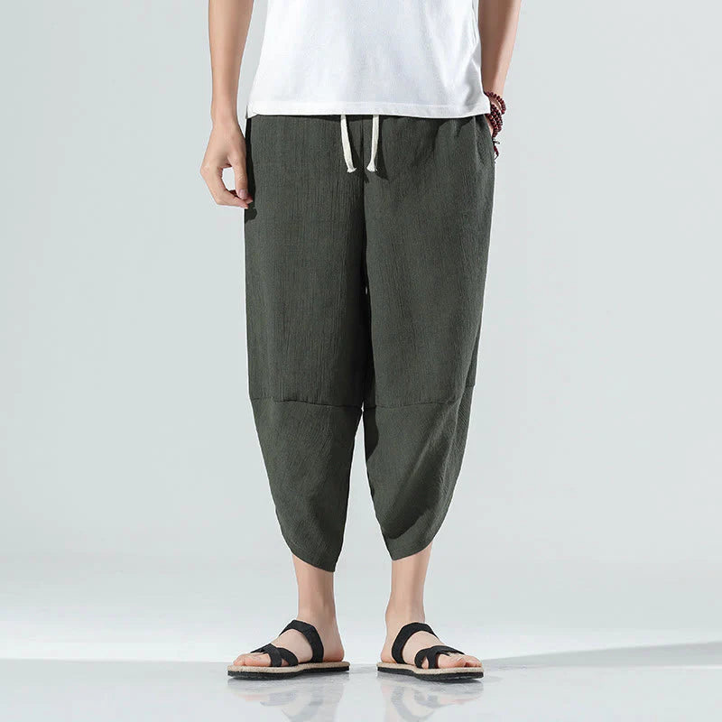 Buddha Stones Plain Simple Design Drawstring 7-8 Length Linen Men's Harem Pants With Pockets