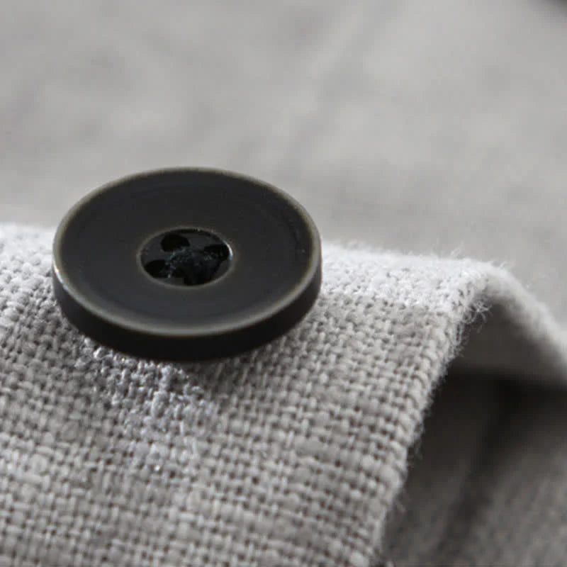 Buddha Stones Fall Plain Long Sleeve Buttons Design Men's Ramie Linen Cotton Shirts With Pocket