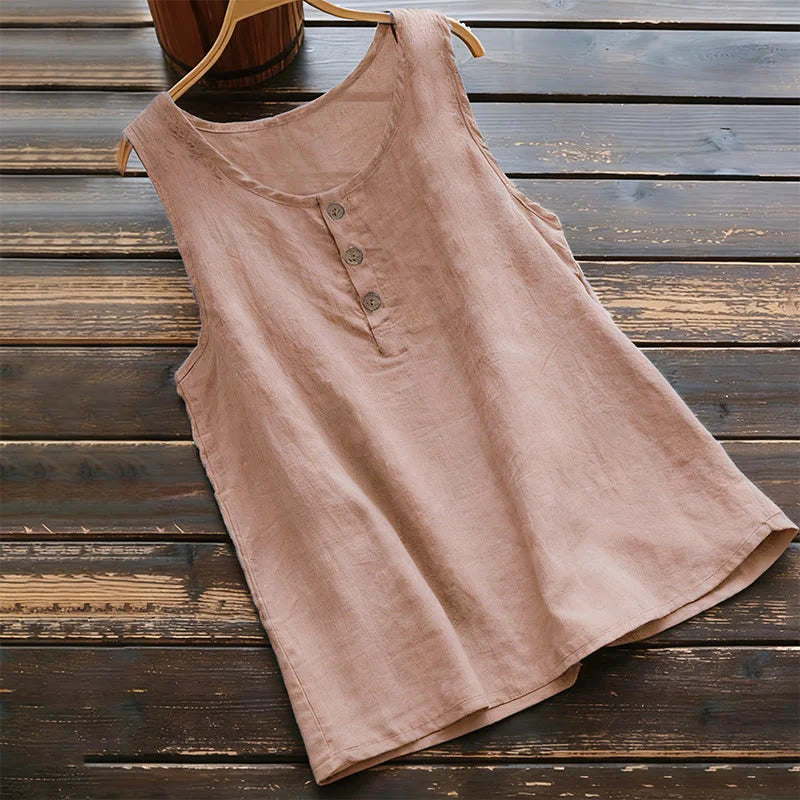 Buddha Stones Summer Pure Color Crew Collar Button Women's Vest Waistcoat