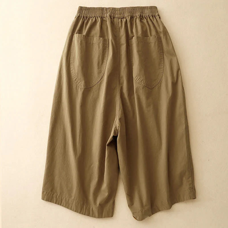 Buddha Stones Summer Cotton Elastic Waist Women's Half Pants With Pockets