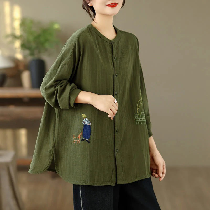 Buddha Stones Fall Embroidery Human Figure Dog Pattern Round Neck Buttons Women's Long Sleeve Shirt