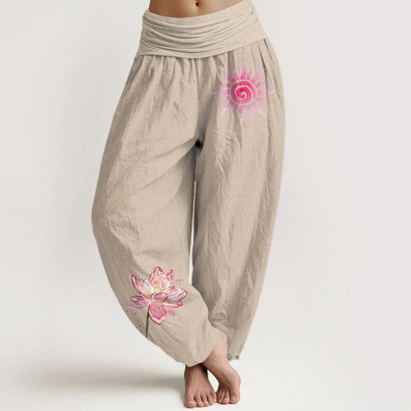 Buddha Stones Cotton Lotus Flower Sun Pattern Women's Elastic Waist Harem Pants
