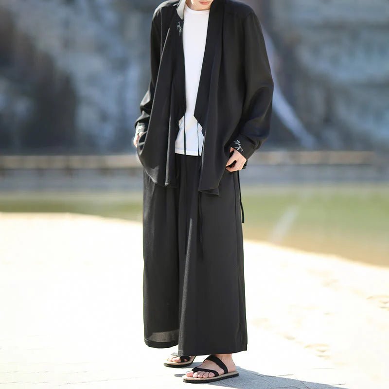 Buddha Stones 2Pcs Fall Lace-up Bamboo Embroidery Cotton Kimono Ankle-Length Pants With Pockets Men's Meditation Cloth Set