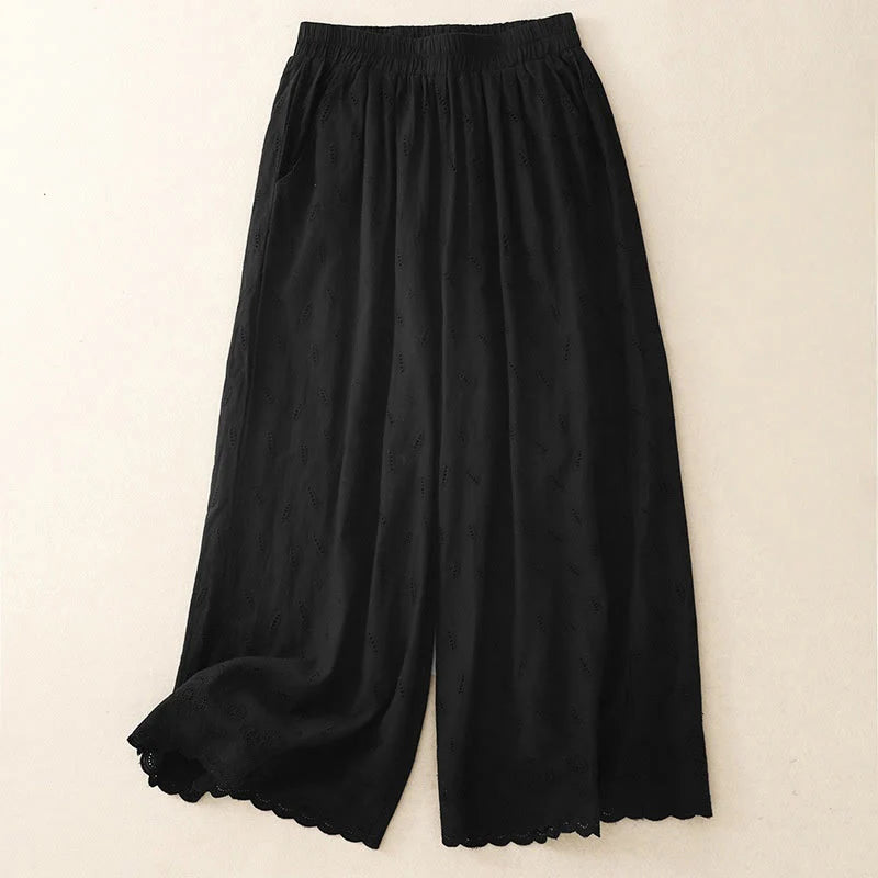 Buddha Stones Summer Vintage Embroidery Lace Hem Patchwork Design Women's Wide Leg Cotton Pants With Pockets
