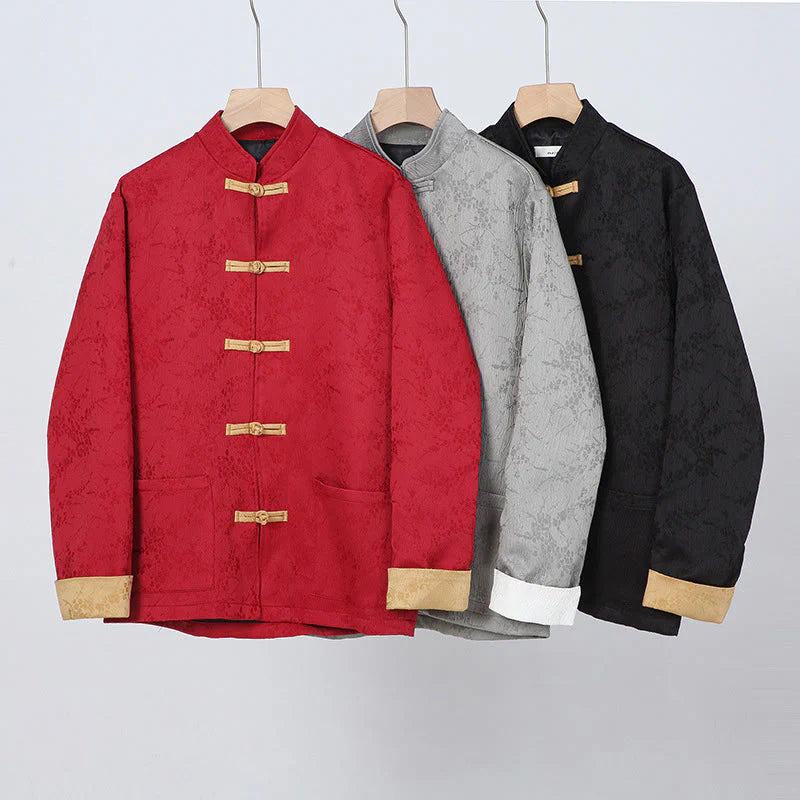 Buddha Stones Jacquard Stand Collar Long Sleeve Men's Cotton Jacket With Pockets