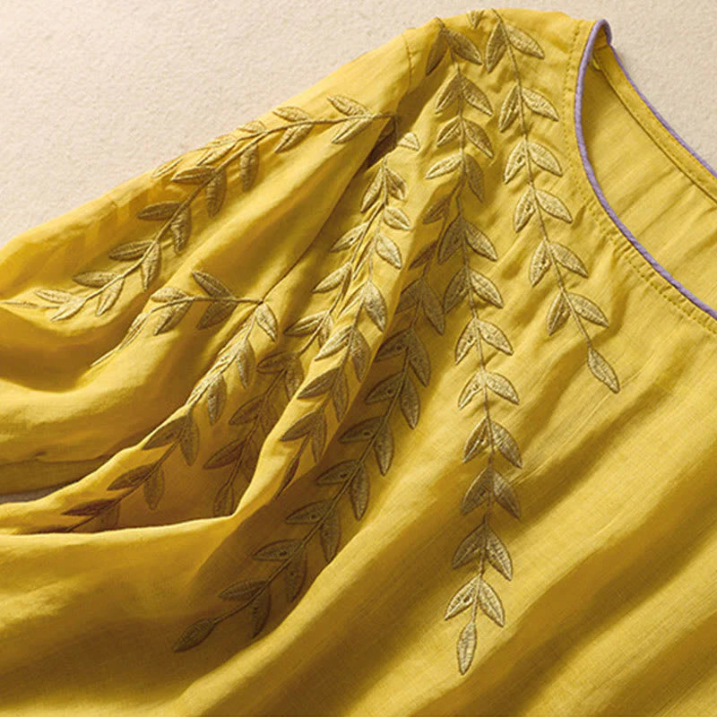 Buddha Stones Embroidery Leaves Women's Cotton Linen Half Sleeve T-shirt