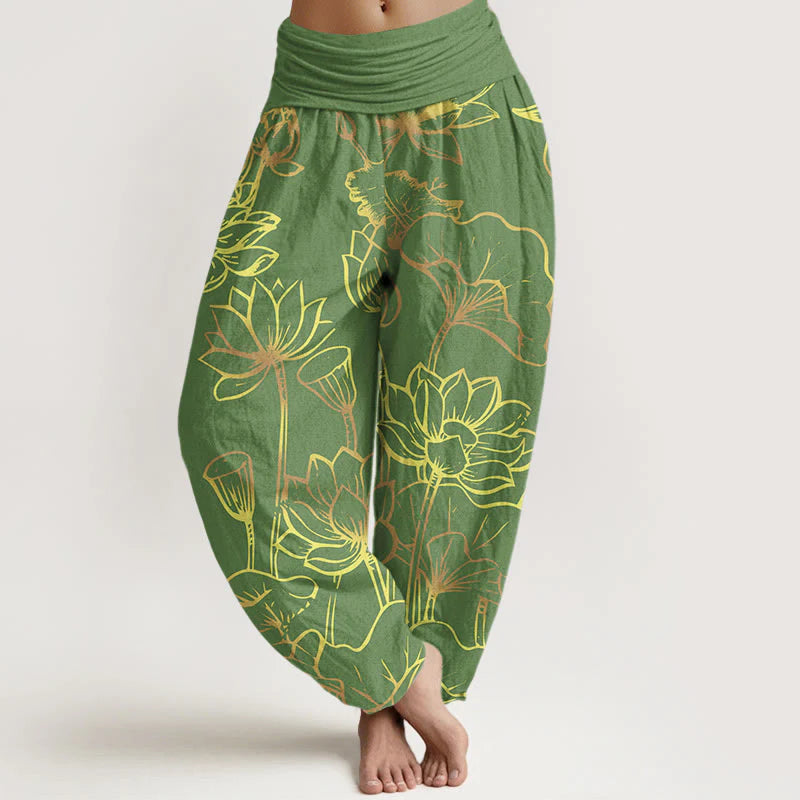 Buddha Stones Print Lotus Flowers Leaves Pattern Women's Elastic Waist Harem Cotton Pants
