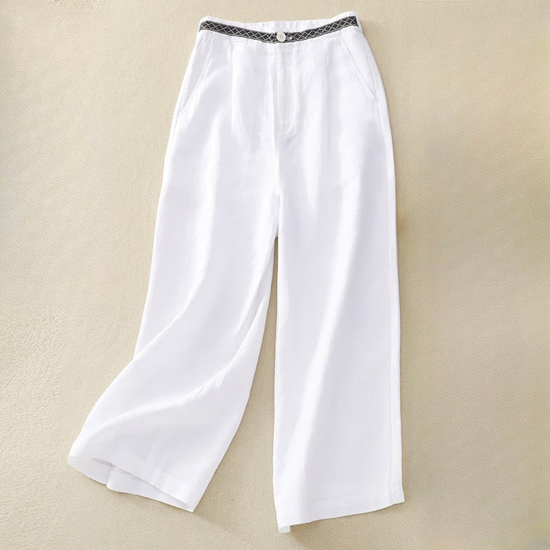 Buddha Stones Summer Plain Color 7-8 Length Cotton Linen Women's Wide Leg Pants With Pockets Zipper