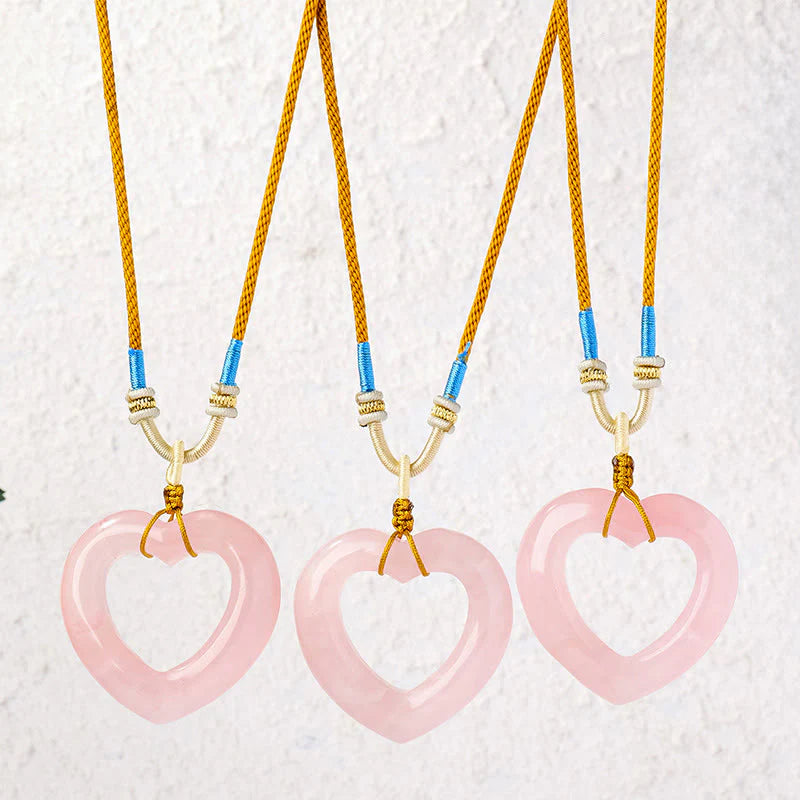 Buddha Stones Natural Rose Quartz Hollow Love Heart Caring Necklace Pendant