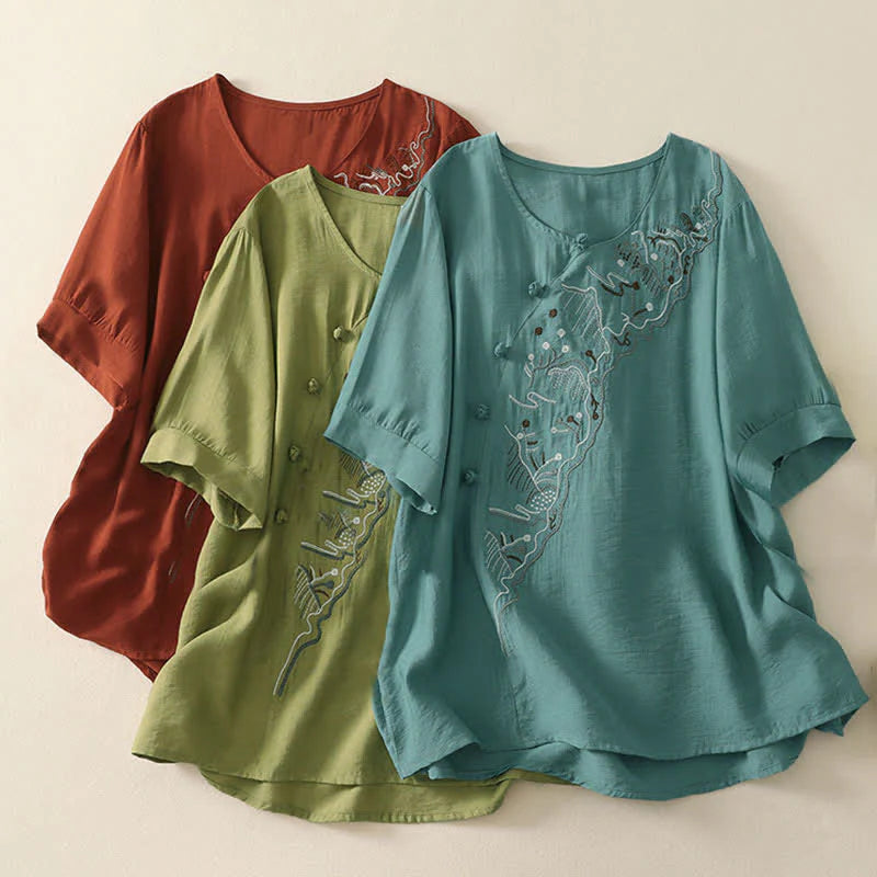 Buddha Stones Summer Mountain Embroidered Crew Neck Women's Short Sleeve Shirt