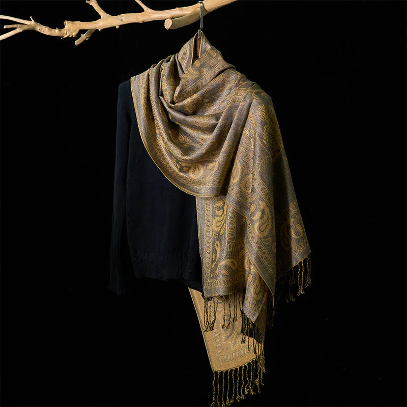 Buddha Stones Spring Dark Khaki Cashew Flower Leaves Pattern Tassel Soft Scarf Shawl