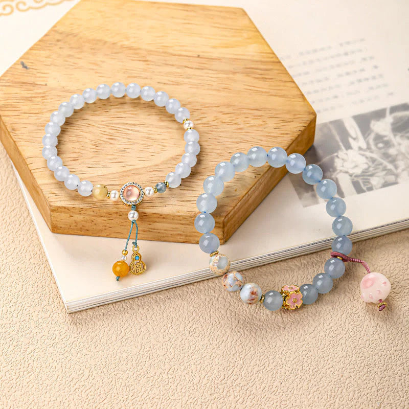Buddha Stones Blue Chalcedony Fu Character Cat Paw Healing Bracelet