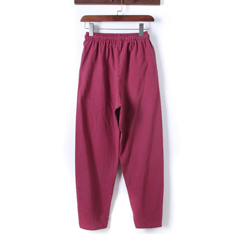 Buddha Stones 2Pcs Solid Color Men's Frog-Button Long Sleeve Cotton Shirt Pants Set With Pockets