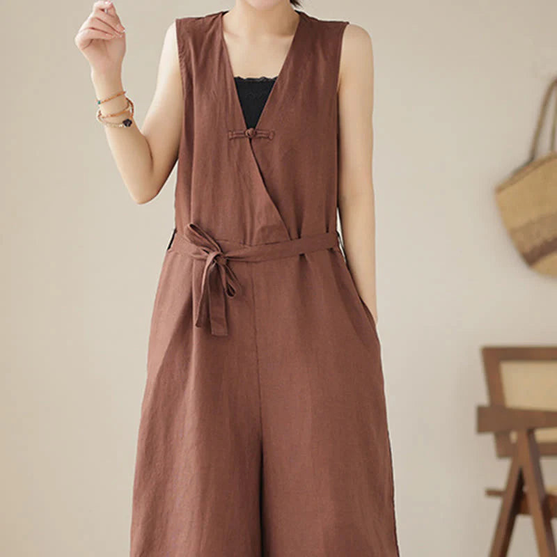 Buddha Stones Casual Lace-Up Simple Sleeveless Design Women's Cotton Linen Jumpsuit With Pockets