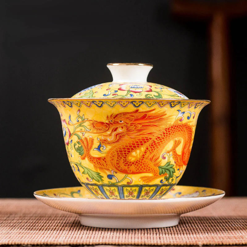 Buddha Stones Dragon Phoenix Flower Design Ceramic Gaiwan Sancai Teacup Kung Fu Tea Cup And Saucer With Lid