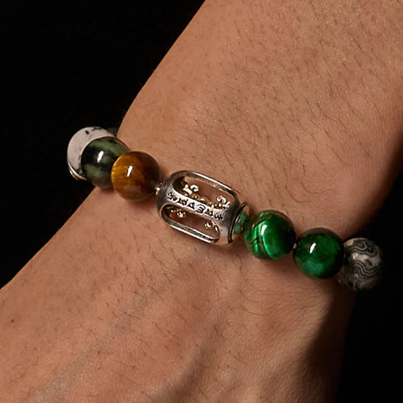 Buddha Stones Natural Grey Jasper Kambamba Jasper Tiger Eye Om Mani Padme Hum Protection Bracelet