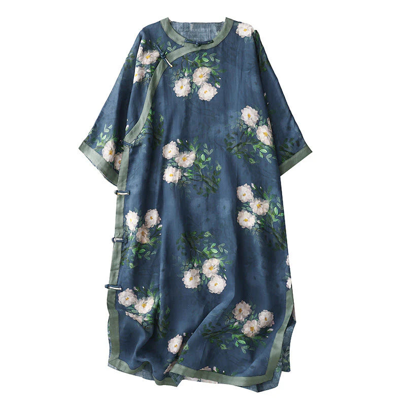 Buddha Stones Frog-Button Orchid Pomegranate Flowers Pattern Side Slit Design Half Sleeve Midi Dress