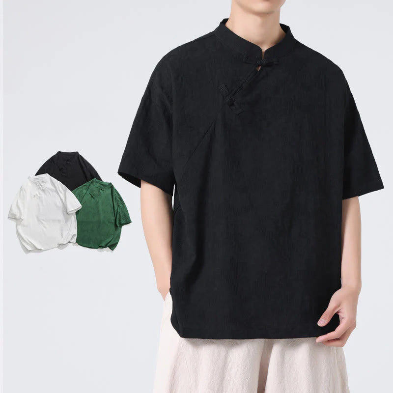 Buddha Stones Retro Pure Color Frog-Button Design Jacquard Flower Pattern Men's Short Sleeve Cotton Linen Shirt