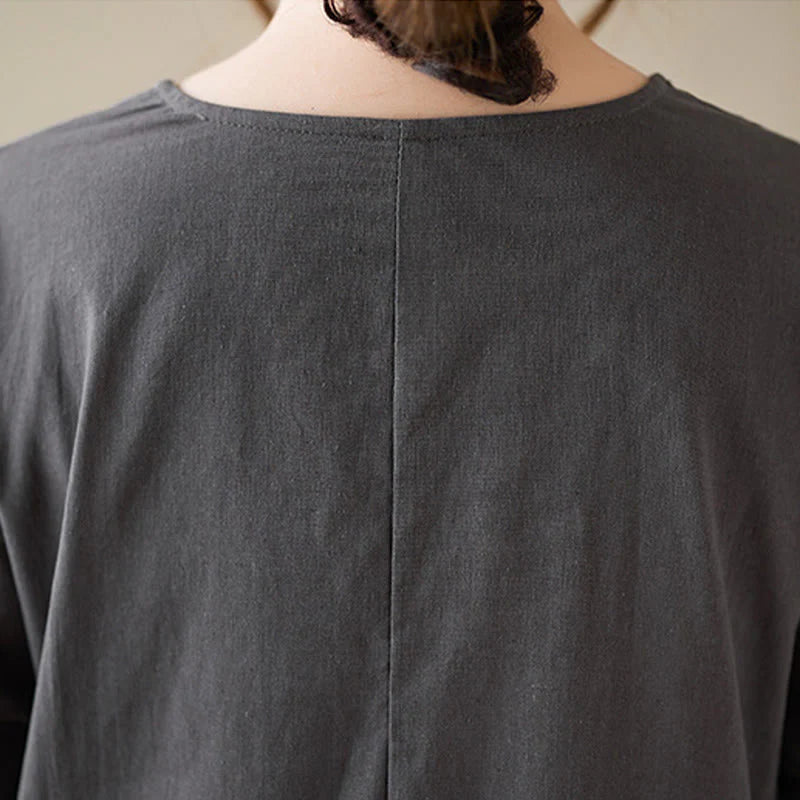 Buddha Stones Casual Plain Crew Neck Cotton Linen Midi Dress With Pockets