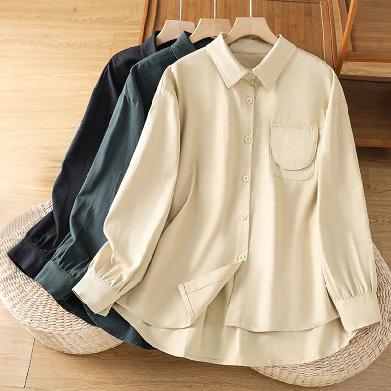 Buddha Stones Casual Women's Long Sleeve Stand Collar Cotton Shirt With Pockets