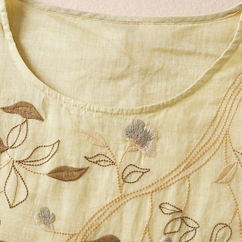 Buddha Stones Embroidered Leaf Crew Neck Half Sleeve Fiber Midi Dress