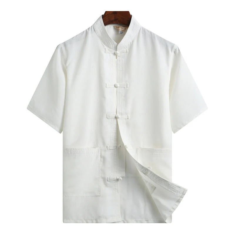 Buddha Stones Frog-Button Fu Character Dragon Bamboo Leaf Chinese Tang Suit Short Sleeve Shirt Linen With Pockets