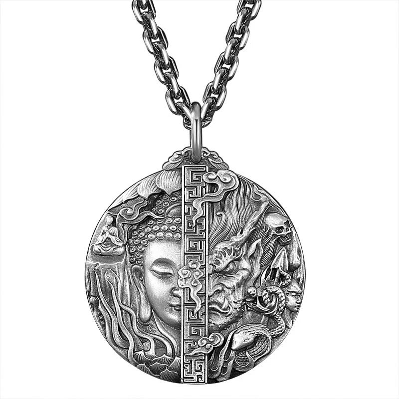 Buddha Stones Copper Buddha Demon Pattern Compassion Pendant Necklace