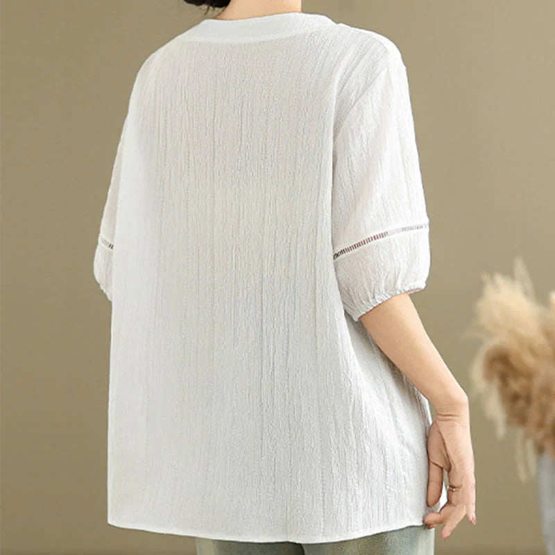 Buddha Stones Casual Plain Button V-Neck Women's Polyester Short Sleeve Shirt