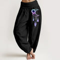 Buddha Stones Pure Cotton Elegant Moon Flower Feather Pattern Women's Elastic Waist Harem Pants