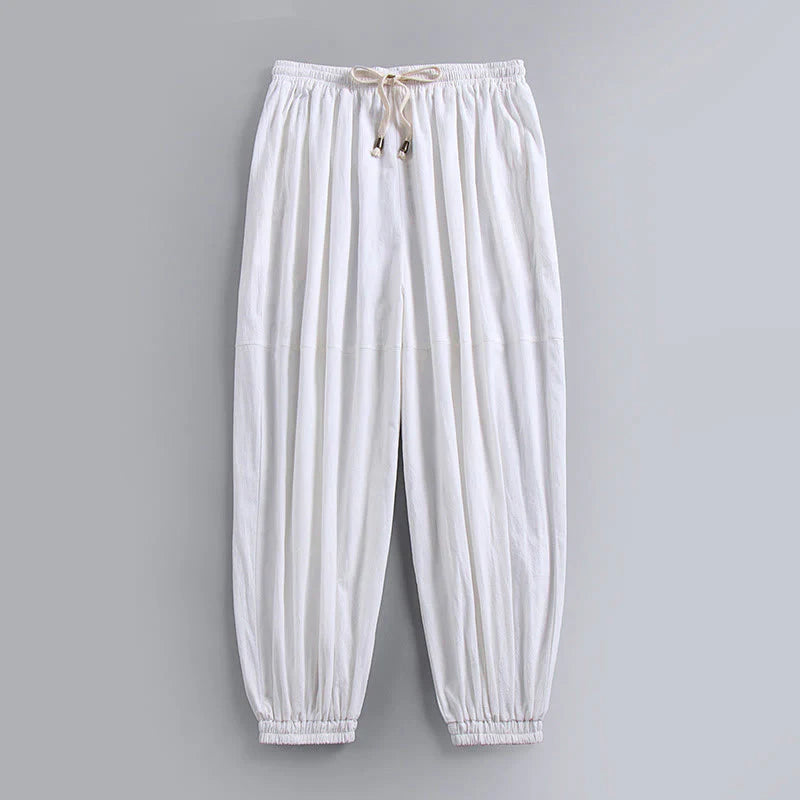 Buddha Stones Plain Drawstring Tapered Ankle-Length Men's Cotton Linen Pants With Pockets