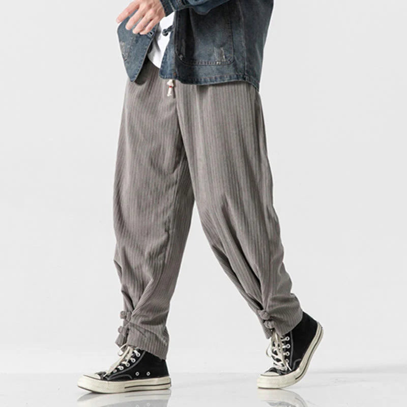 Buddha Stones Fall Winter Men's Pure Color Button Design Cotton Straight Leg Pants With Pockets
